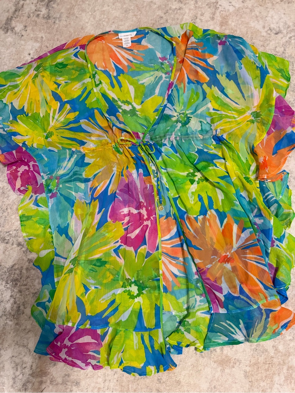 Bleu Rod Beattie Floral Sheer V-Neck Coverup - Blue, Green, Orange, Pink